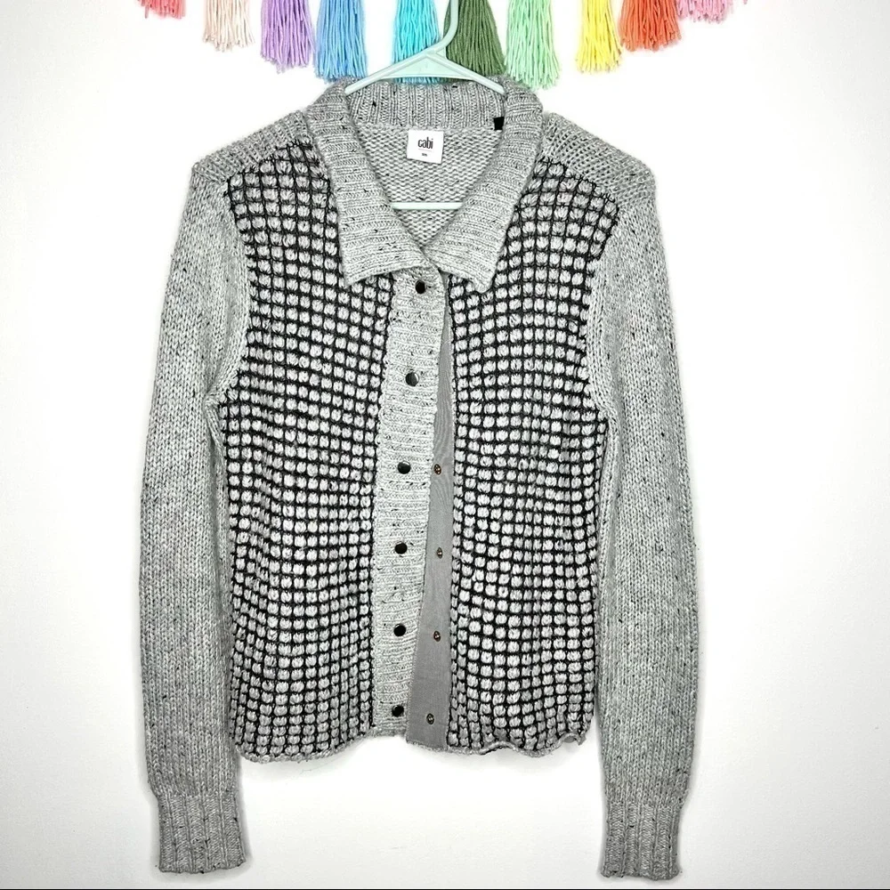 Cabi 3006 Gray Square Stich Window Pane Mock Neck Snap Cardigan Sweater Size S